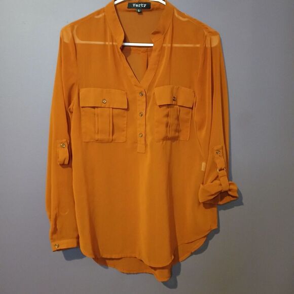 Verty Size Small Sheer Blouse Roll‎ Tab Long Sleeve Burnt Orange - Picture 1 of 6